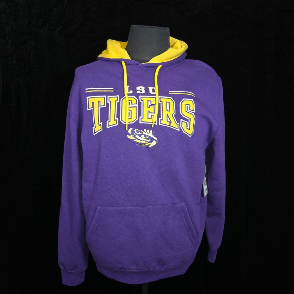 LSU Purple Pullover Hoodie Sweatshirt "Tigers" Spell-out Gold 3" Letters Pockets